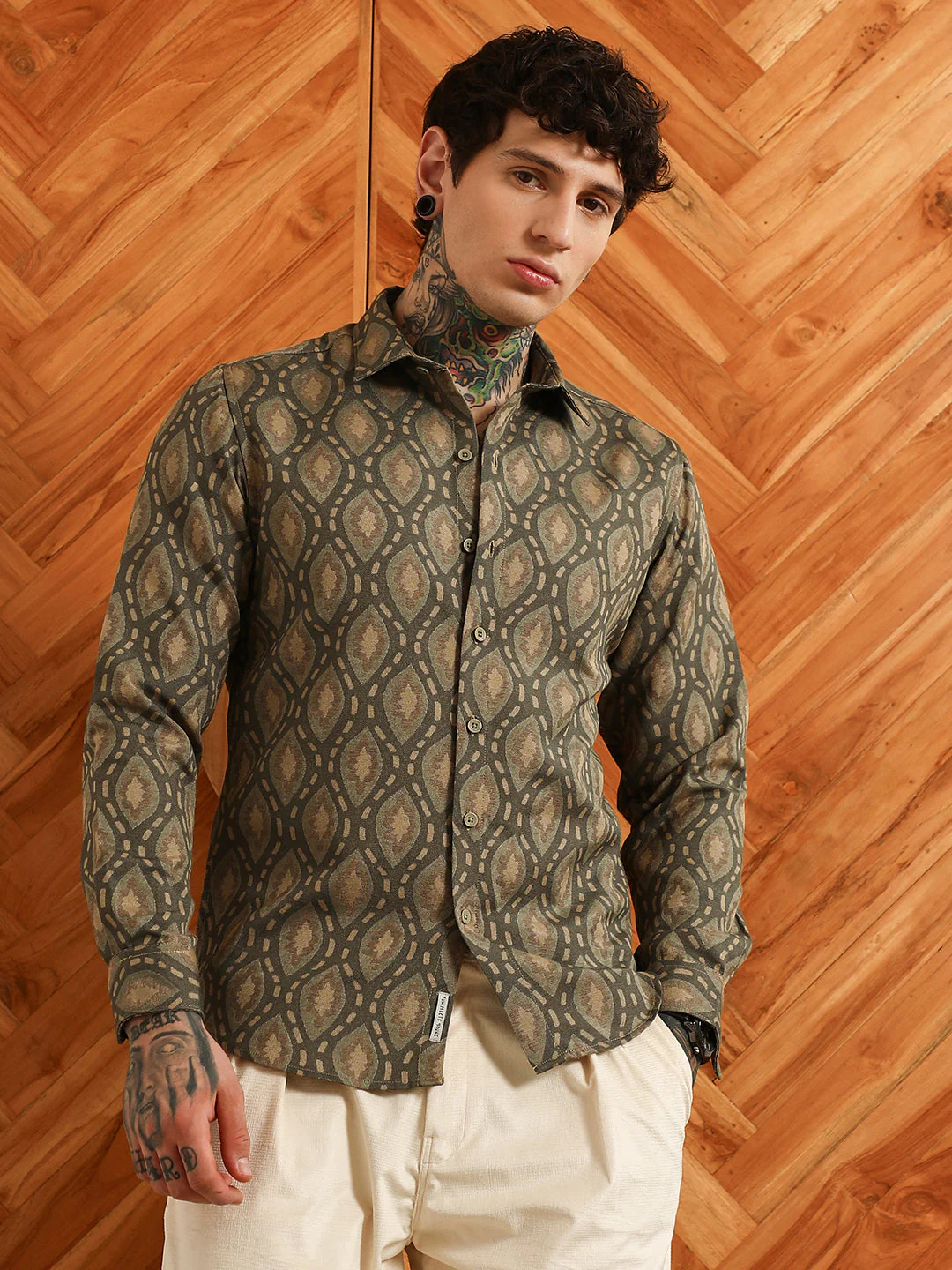 Olive Green Geometric Patterned Cotton Blend Full Sleeve Shirt - Image 2