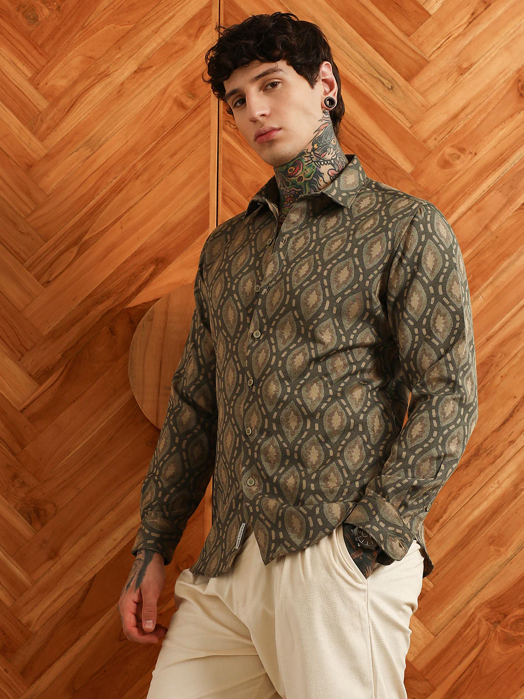 Olive Green Geometric Patterned Cotton Blend Full Sleeve Shirt - Image 3