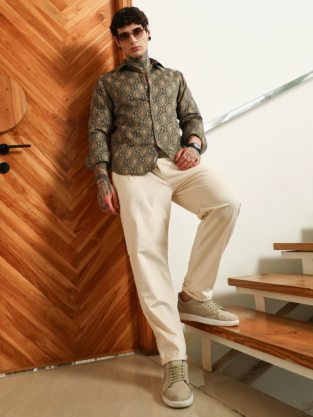 Olive Green Geometric Patterned Cotton Blend Full Sleeve Shirt - Image 6