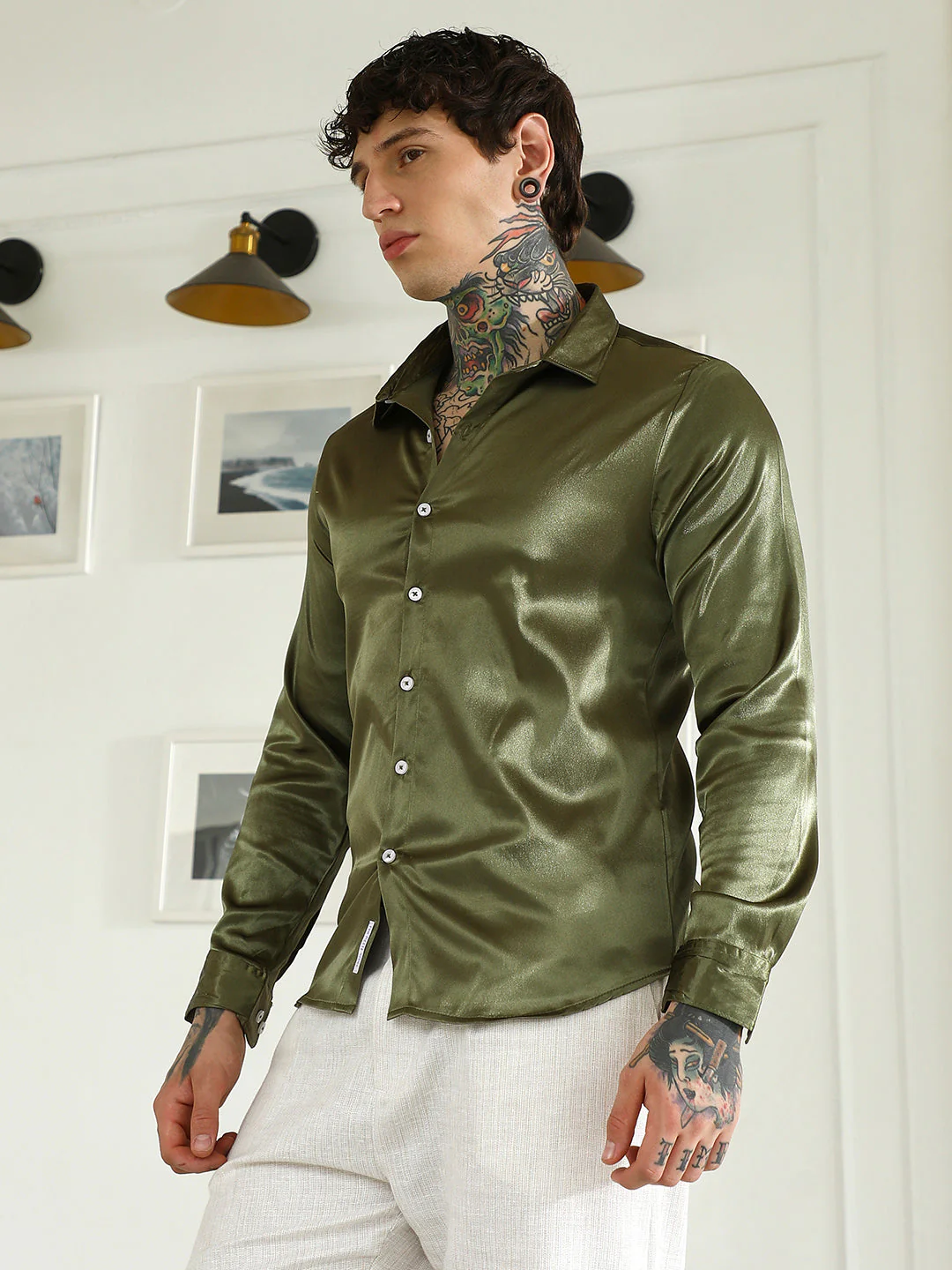 Olive Green Polyester Slim Fit Shirt - Image 3