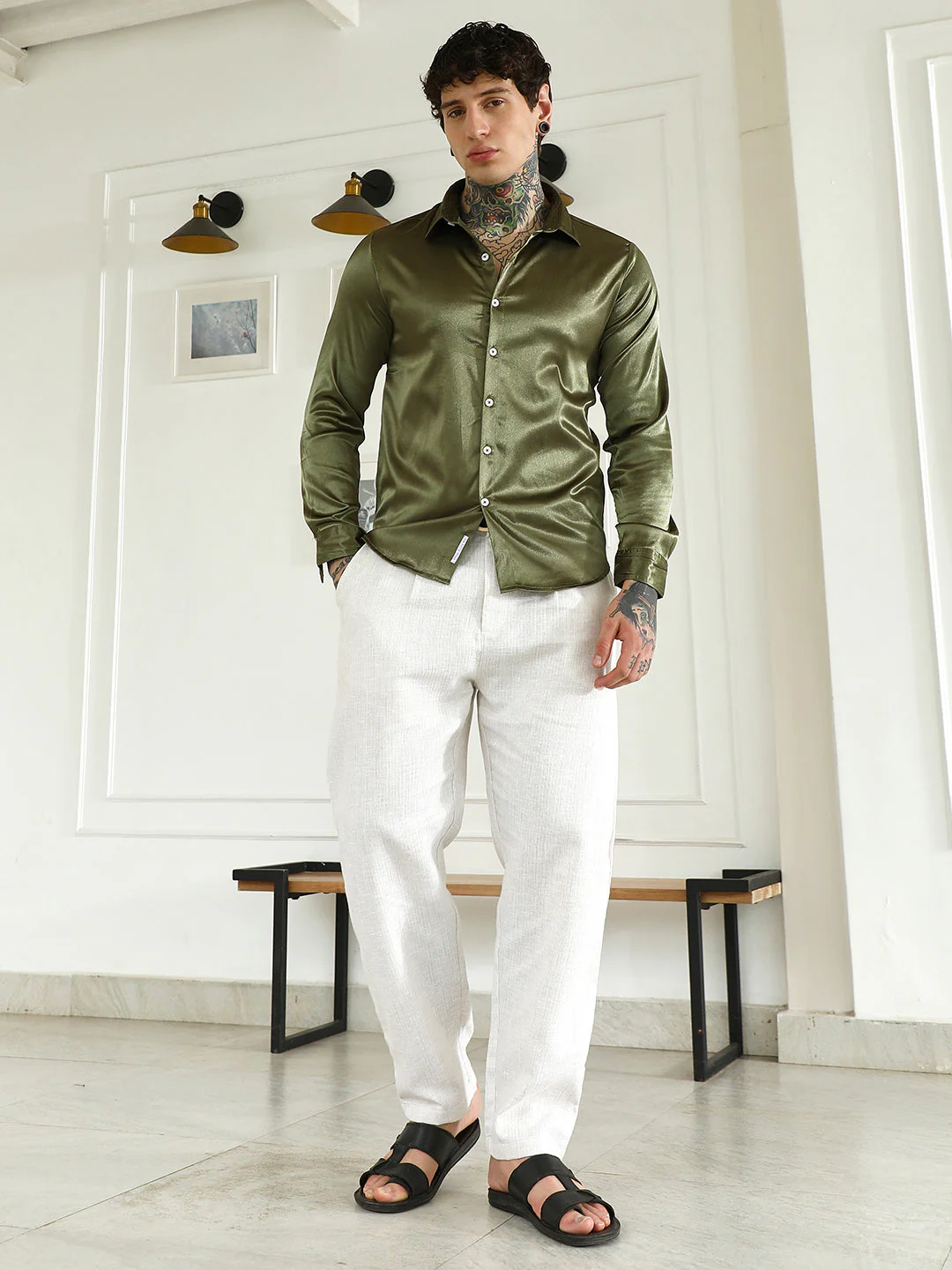 Olive Green Polyester Slim Fit Shirt - Image 5