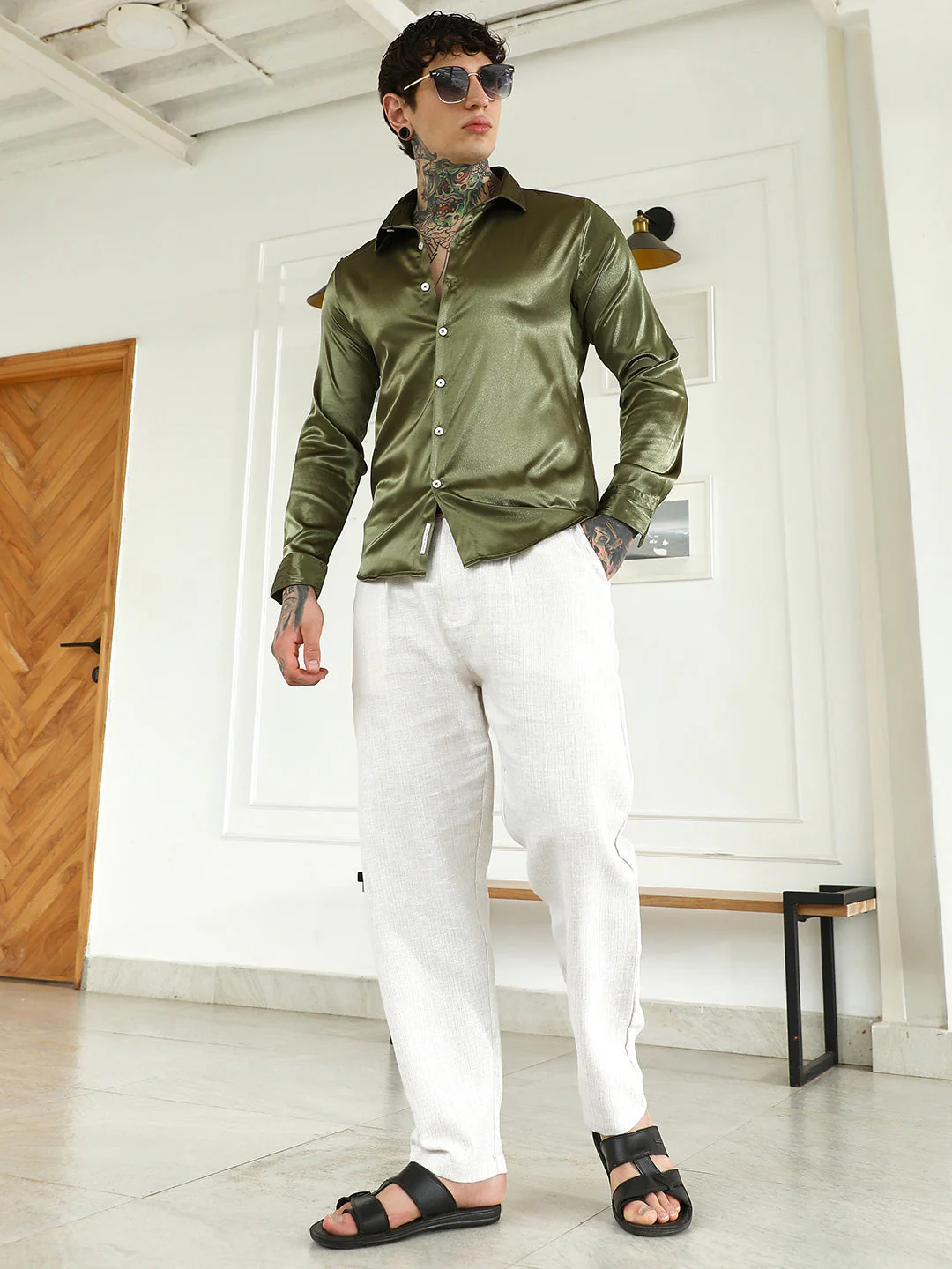 Olive Green Polyester Slim Fit Shirt - Image 6