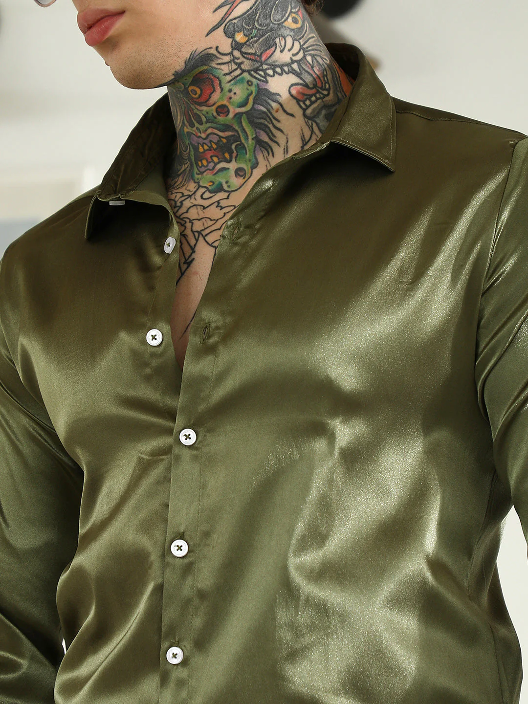 Olive Green Polyester Slim Fit Shirt - Image 7