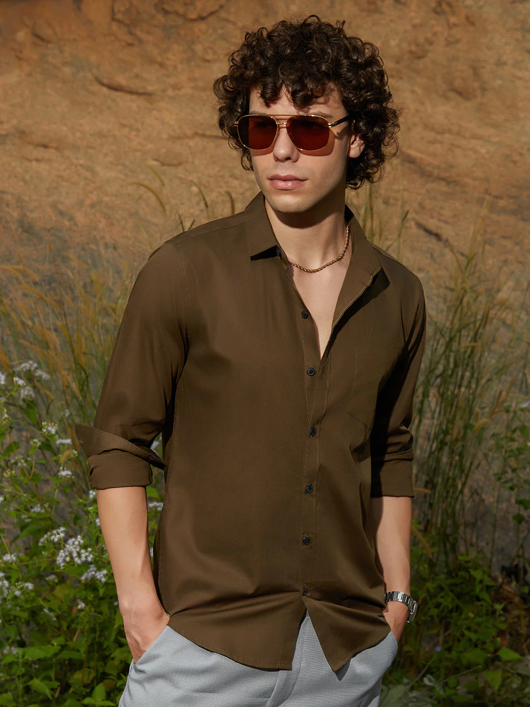 Solid Button-Up Shirt