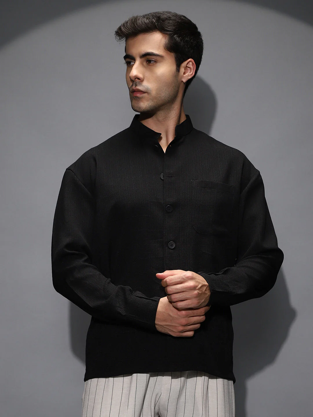 Band-Collar Heathered Shacket - Image 2