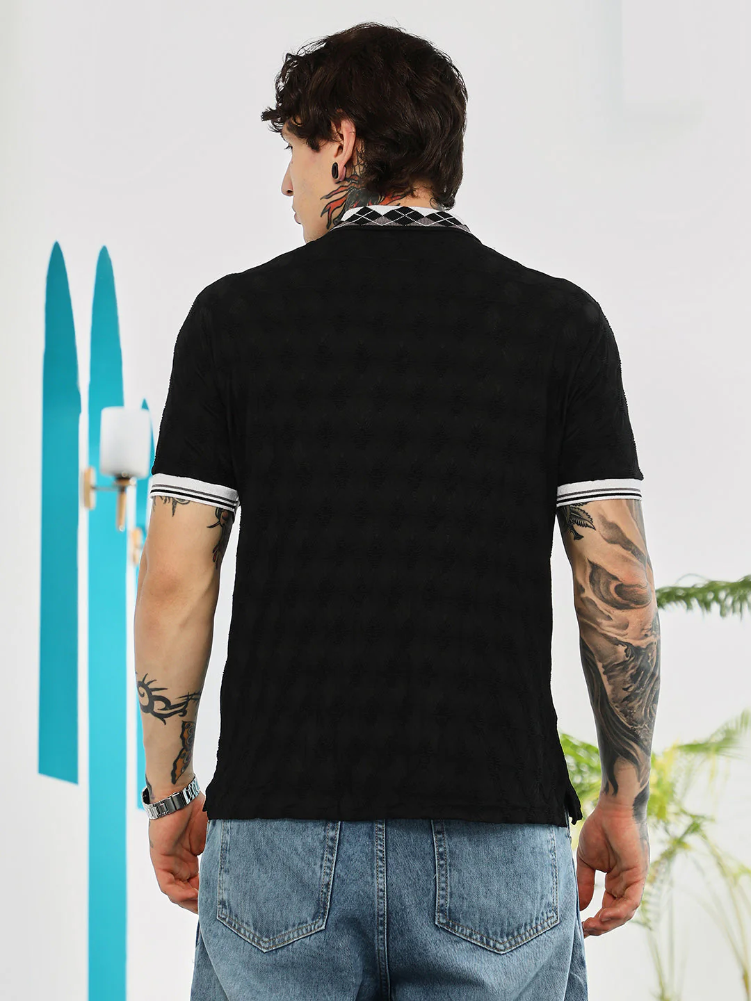 Block Argyle-Knit Polo T-Shirt - Image 4