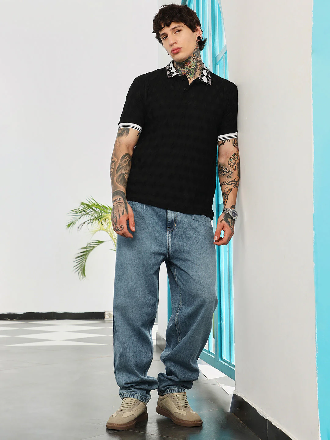 Block Argyle-Knit Polo T-Shirt - Image 5