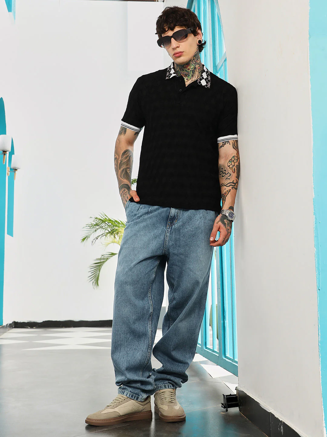 Block Argyle-Knit Polo T-Shirt - Image 6