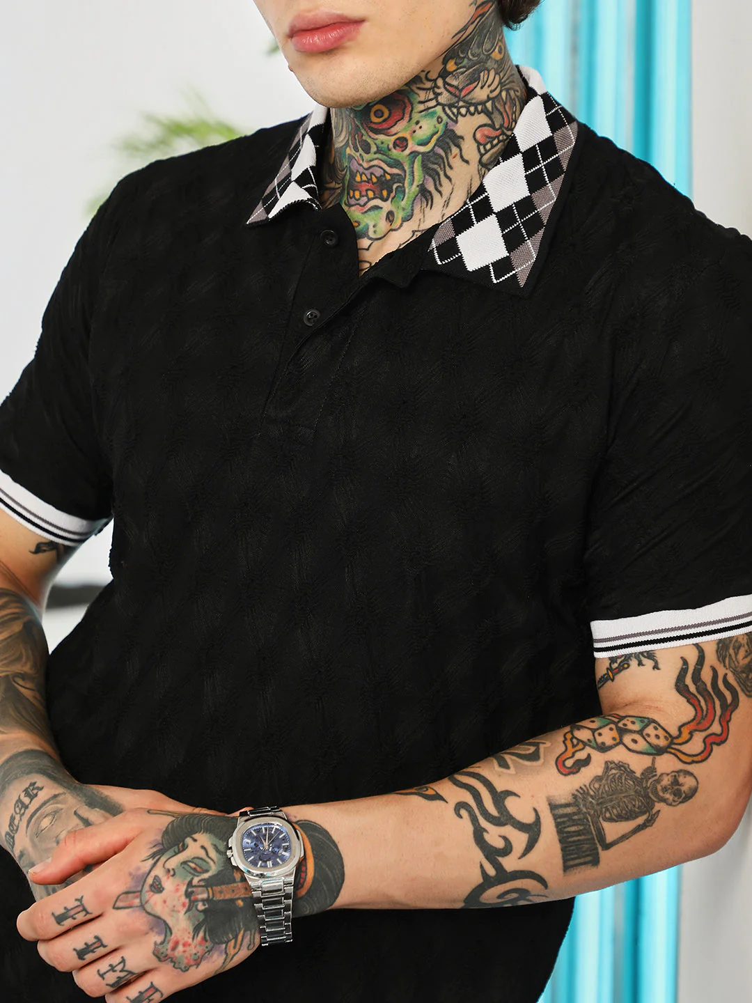 Block Argyle-Knit Polo T-Shirt - Image 7