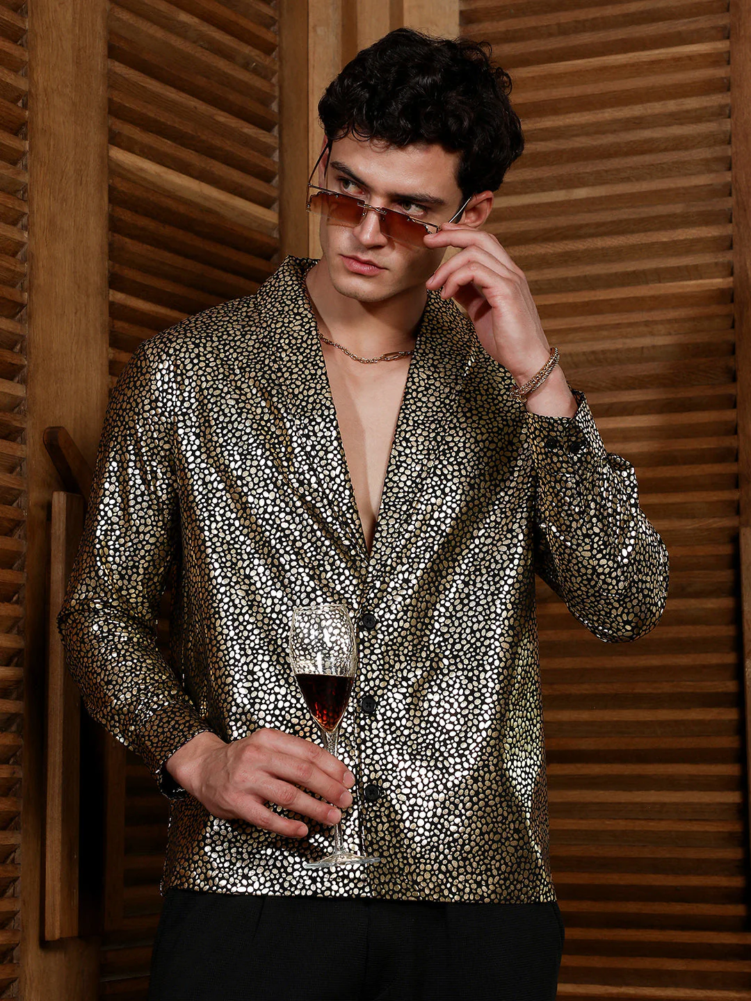 Onyx Black & California Gold Metallic-Speckles Shawl Collar Shirt
