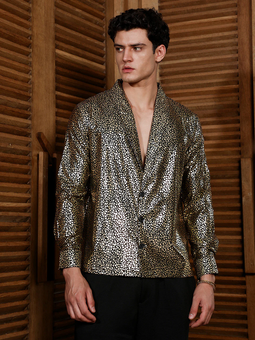 Onyx Black & California Gold Metallic-Speckles Shawl Collar Shirt - Image 2