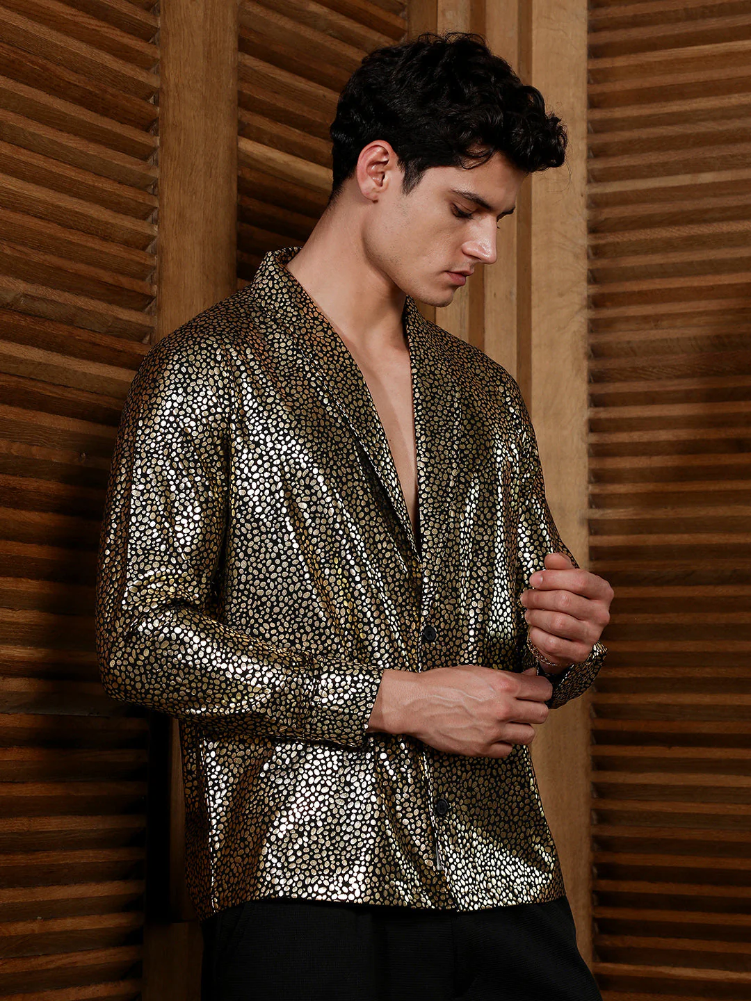 Onyx Black & California Gold Metallic-Speckles Shawl Collar Shirt - Image 3