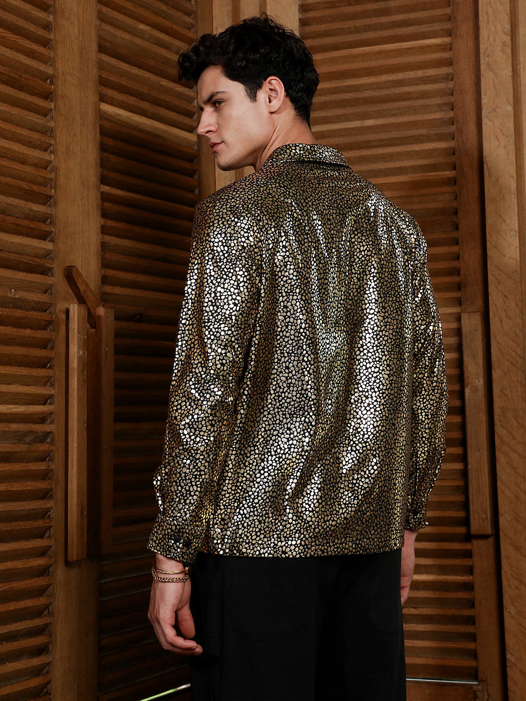 Onyx Black & California Gold Metallic-Speckles Shawl Collar Shirt - Image 4
