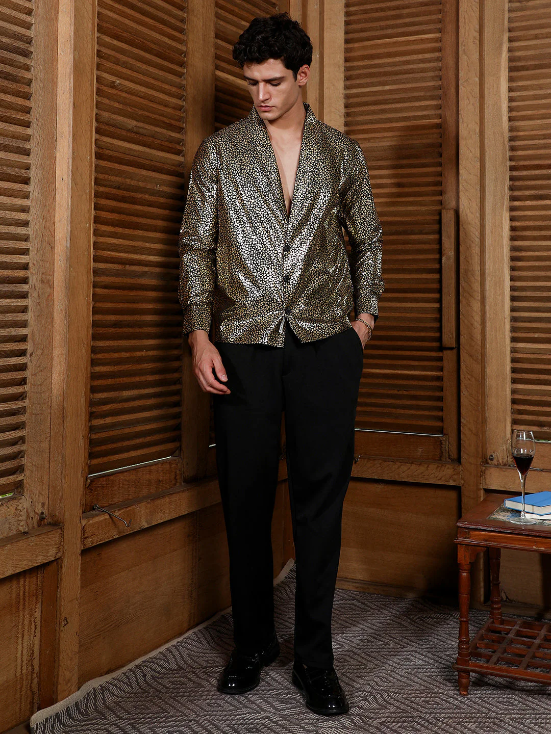 Onyx Black & California Gold Metallic-Speckles Shawl Collar Shirt - Image 5