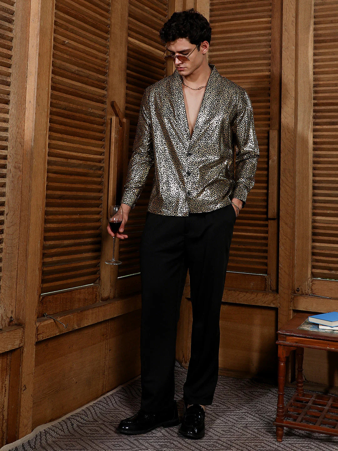 Onyx Black & California Gold Metallic-Speckles Shawl Collar Shirt - Image 6