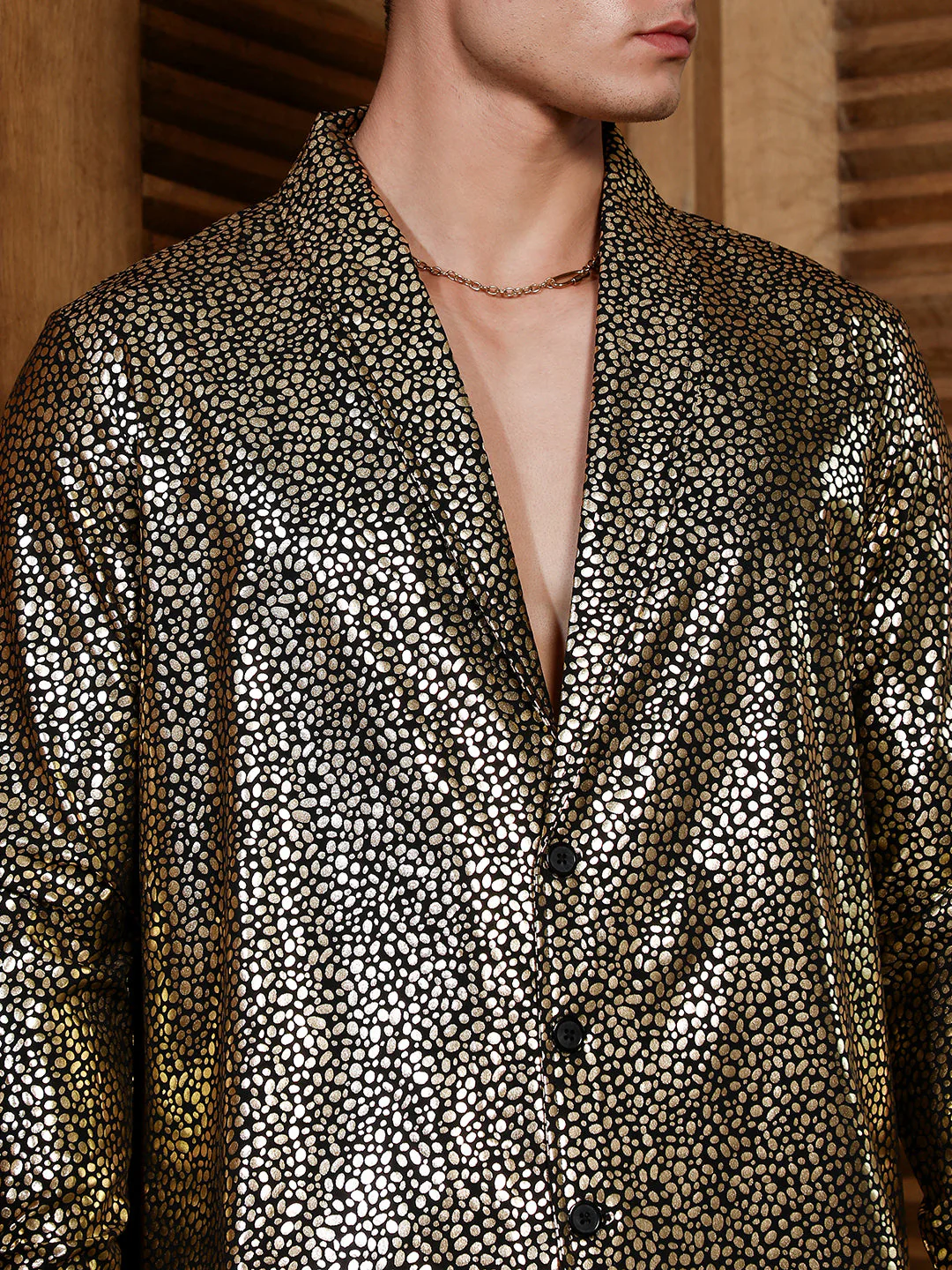 Onyx Black & California Gold Metallic-Speckles Shawl Collar Shirt - Image 7