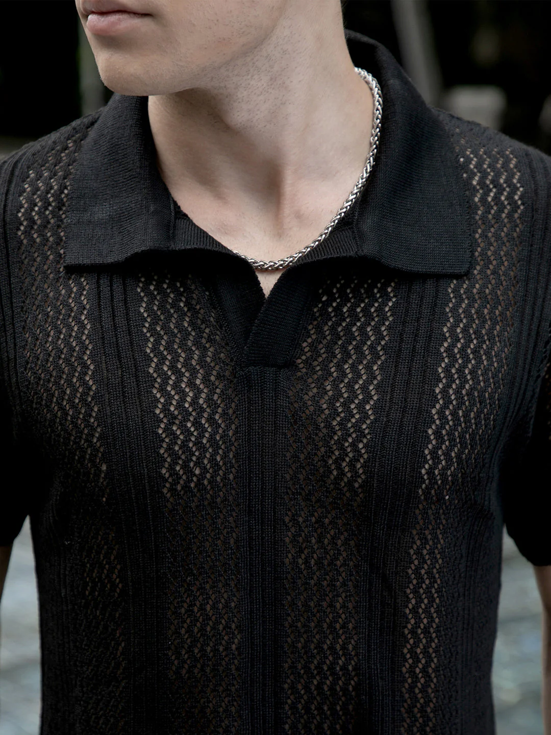 Chevron-Lined Textured Polo T-Shirt - Image 7