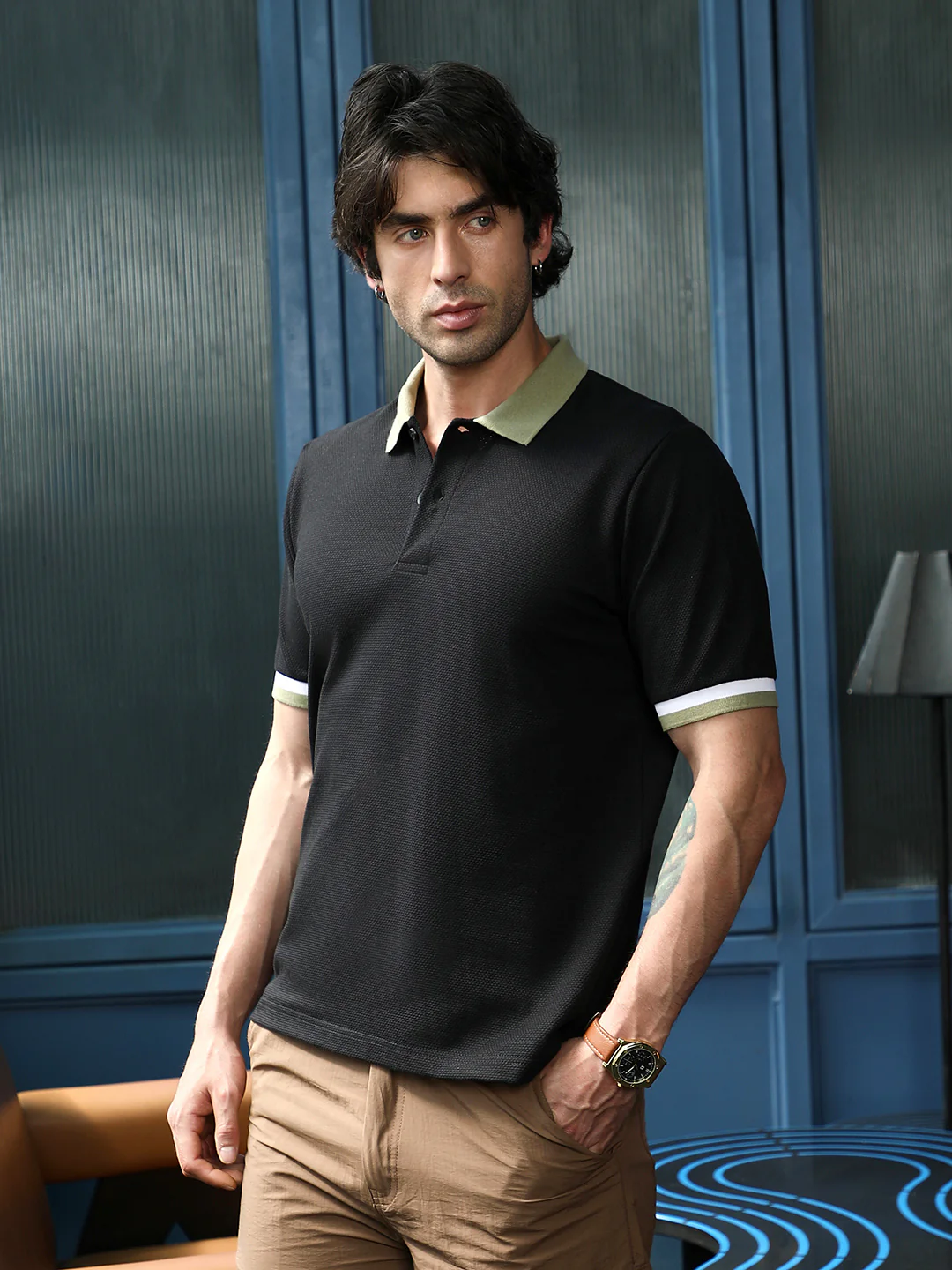 Contrast Textured-Knit Polo T-Shirt - Image 5