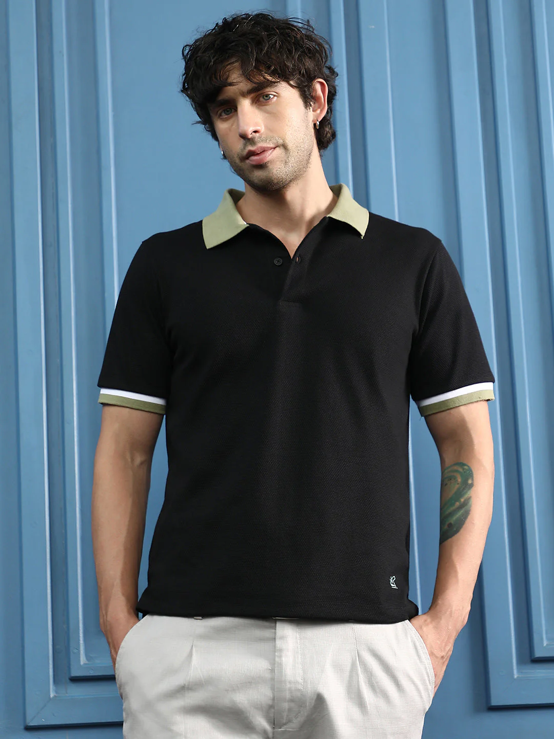 Contrast Textured-Knit Polo T-Shirt - Image 9