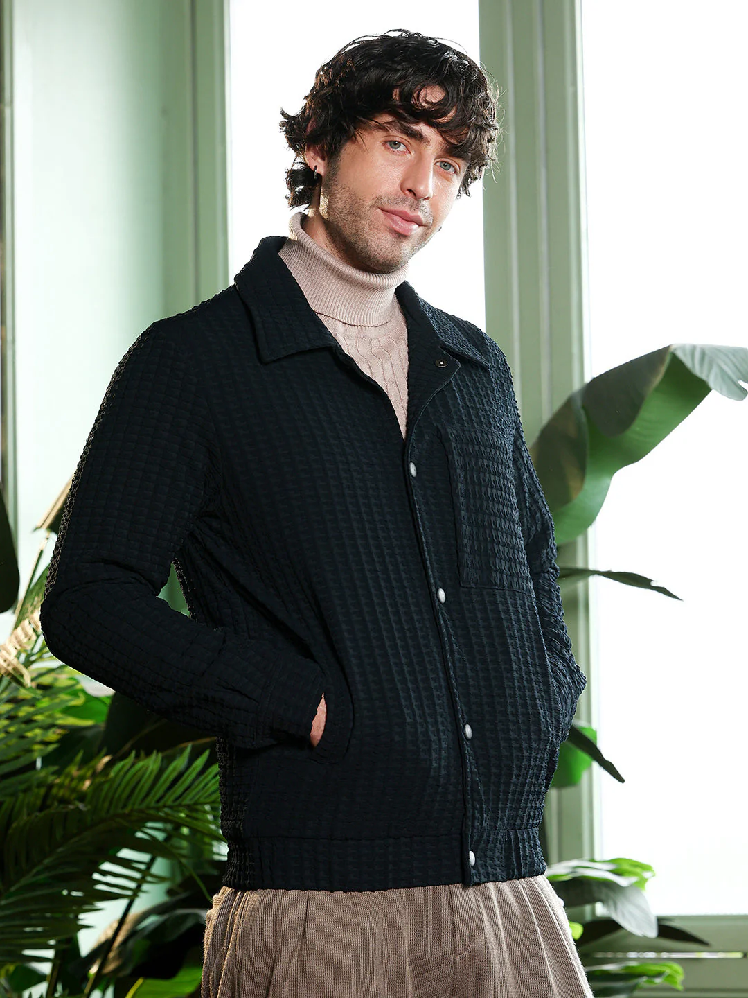 Houndstooth-Tactile Utility Bomber Jacket - Image 3