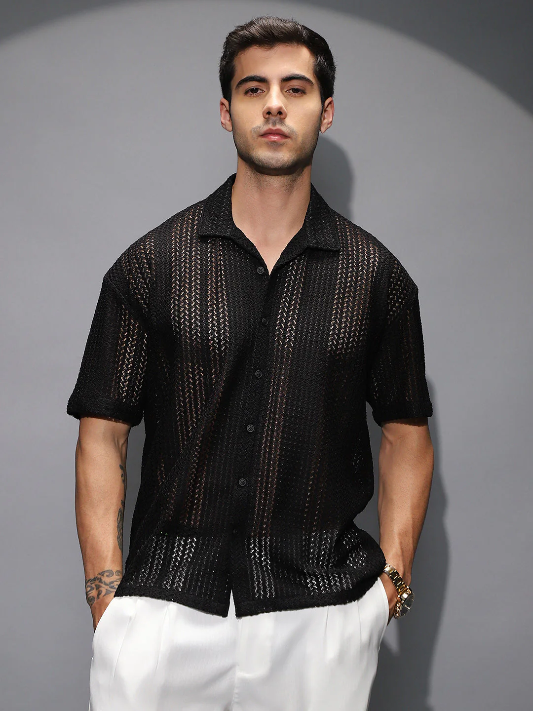 Solid Open-Knit Resort Shirt - Image 2