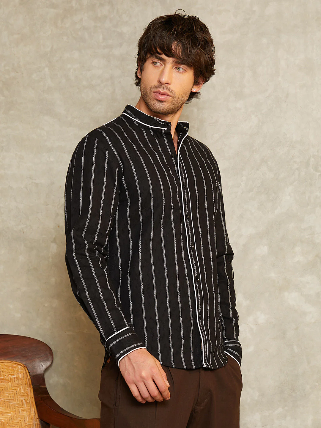 Striped-Jacquard Mandarin Shirt - Image 3