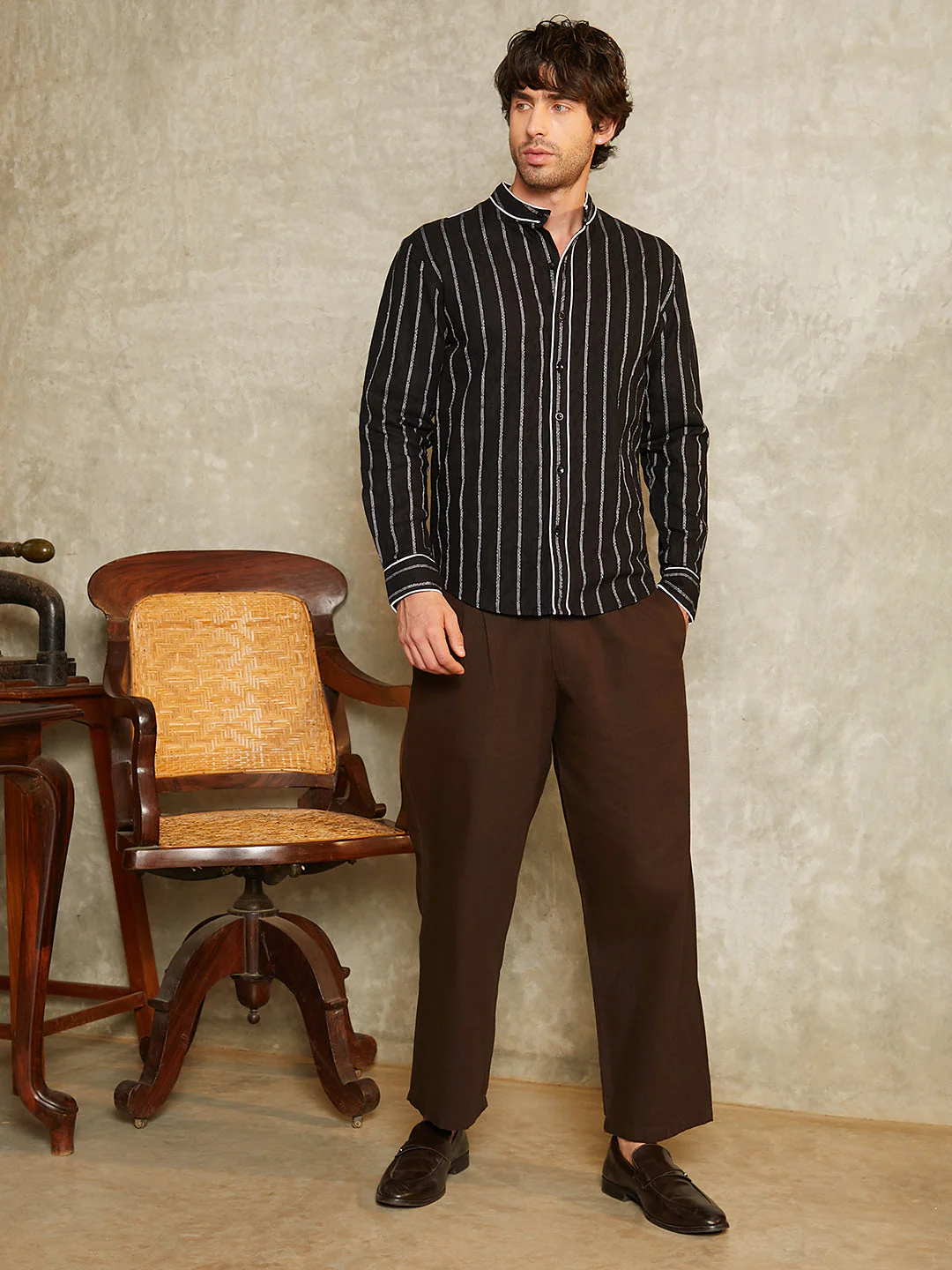 Striped-Jacquard Mandarin Shirt - Image 5