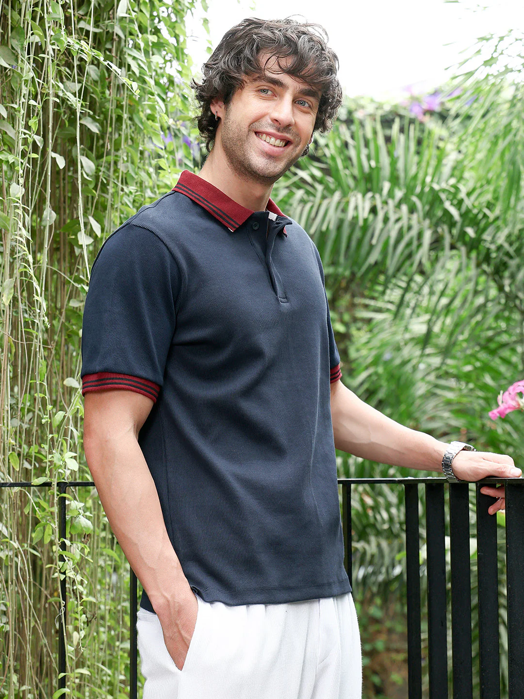 Contrast-Lined Ribbed Polo T-Shirt - Image 3