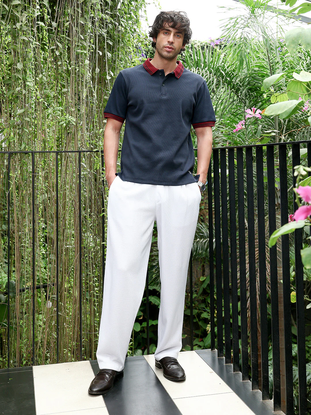 Contrast-Lined Ribbed Polo T-Shirt - Image 5