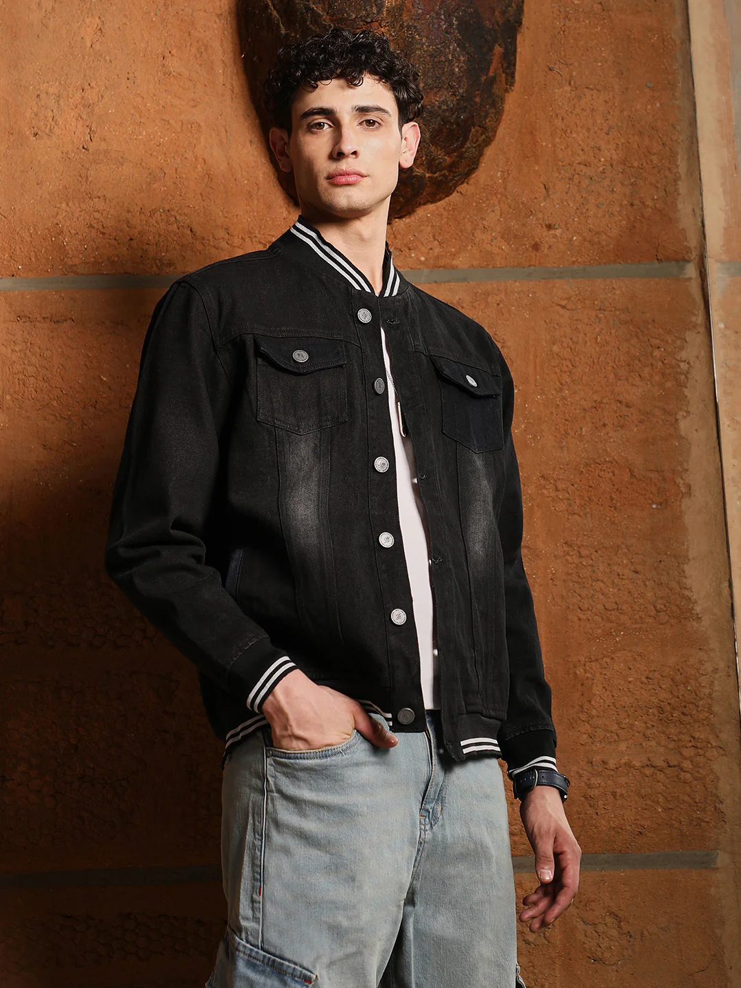 Dark-Wash Denim Bomber Jacket - Image 11