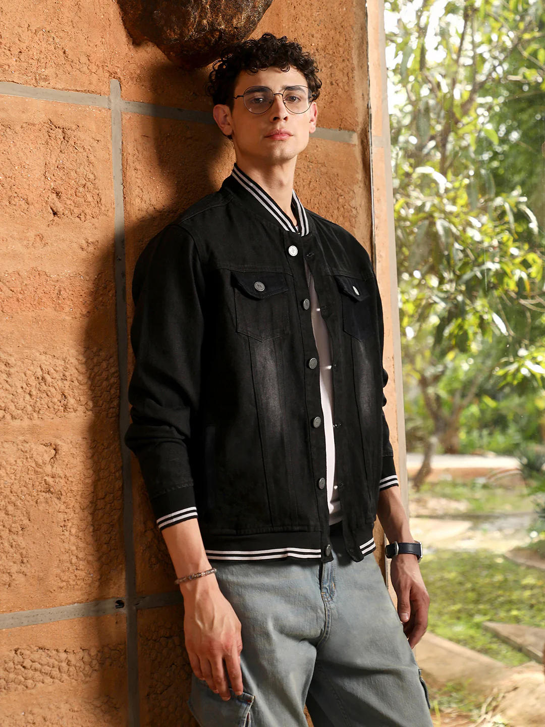 Dark-Wash Denim Bomber Jacket - Image 9