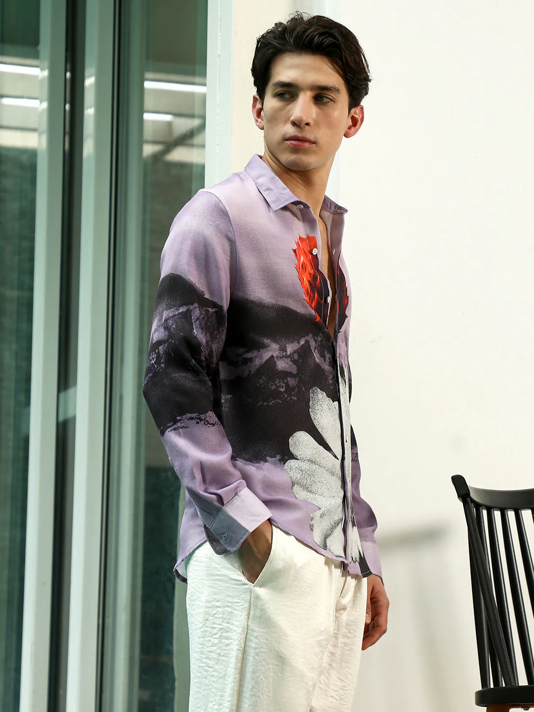 Purple Floral Printed Rayon Shirt With Spread Collar - Image 3