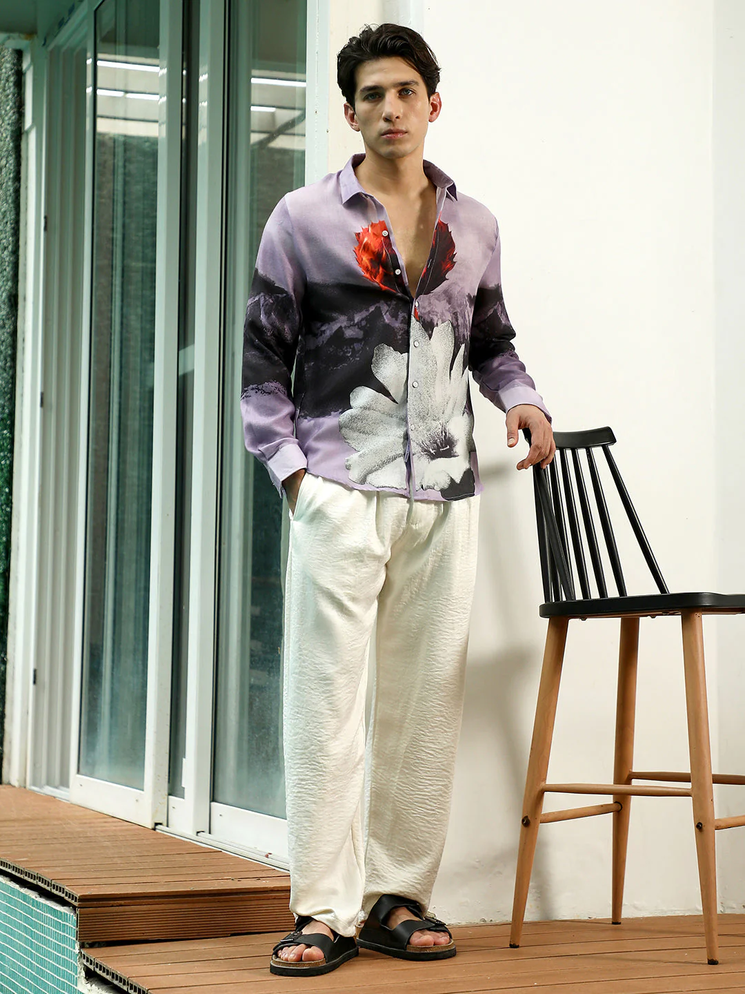 Purple Floral Printed Rayon Shirt With Spread Collar - Image 5