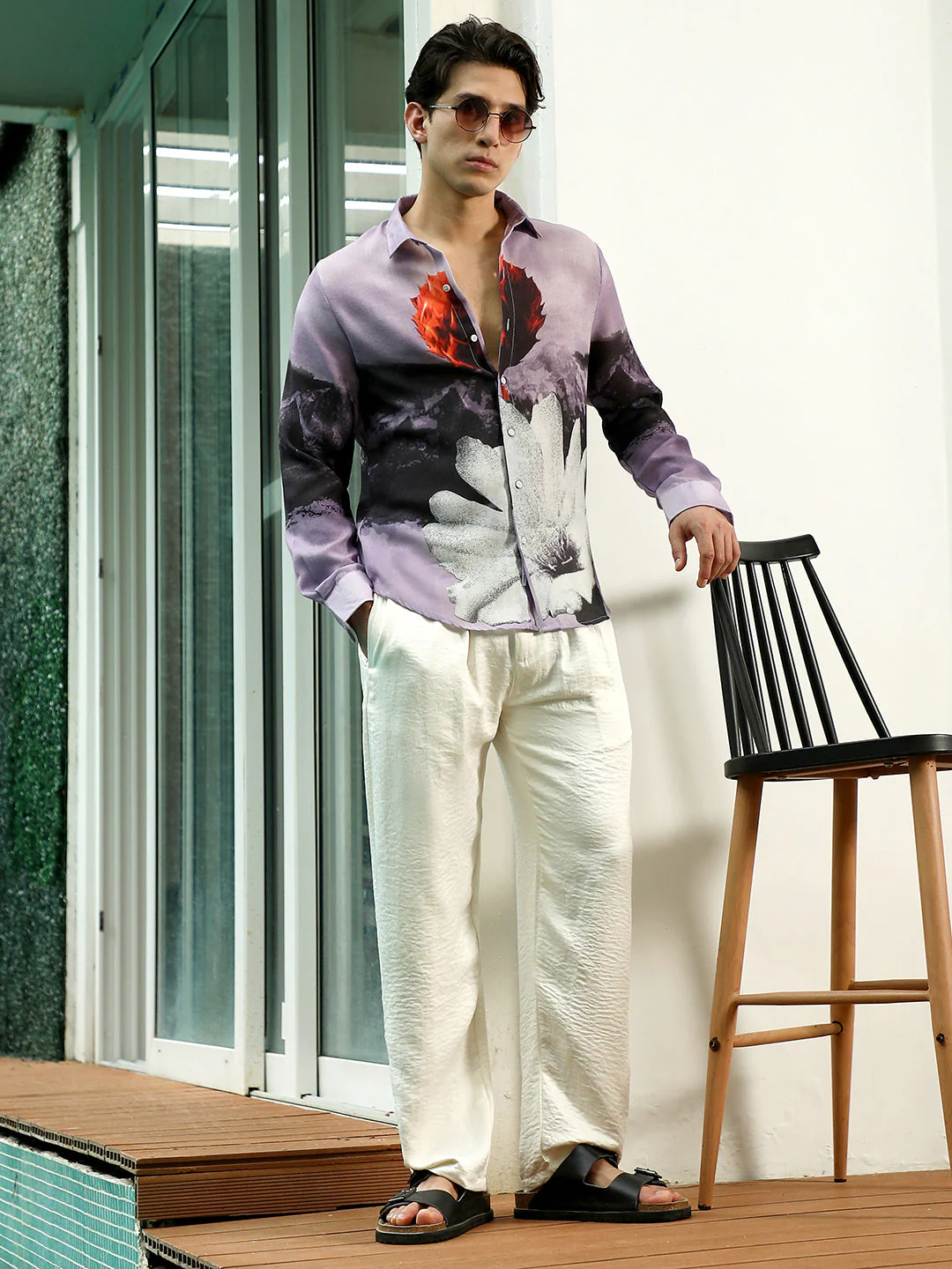 Purple Floral Printed Rayon Shirt With Spread Collar - Image 6