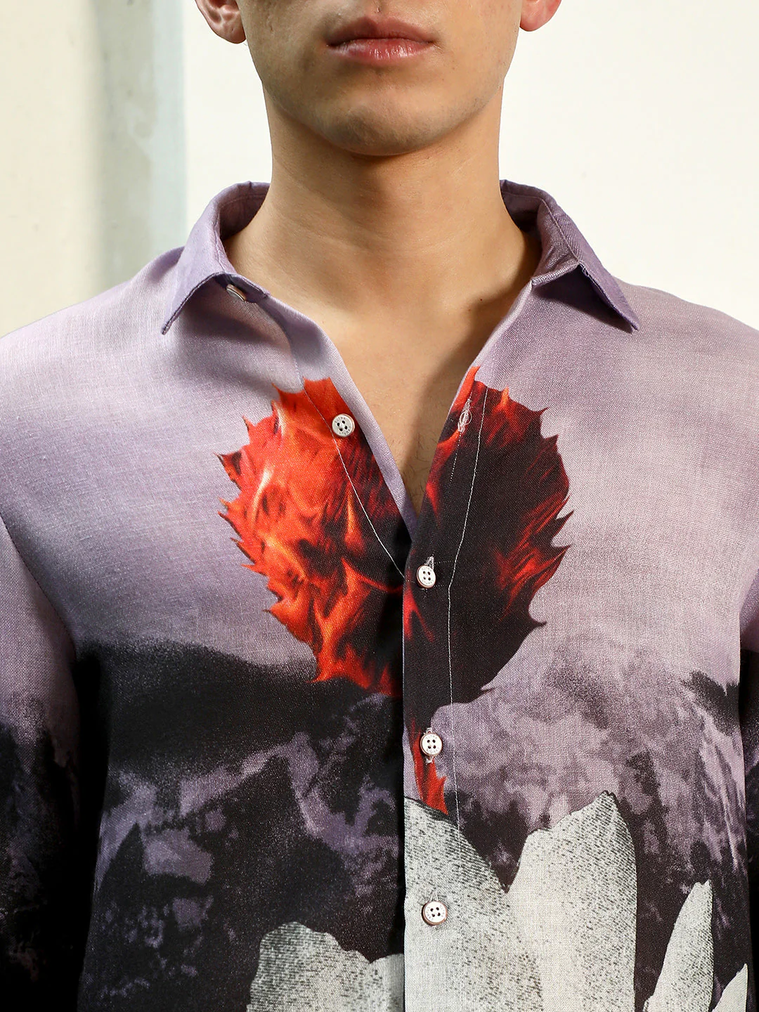Purple Floral Printed Rayon Shirt With Spread Collar - Image 7