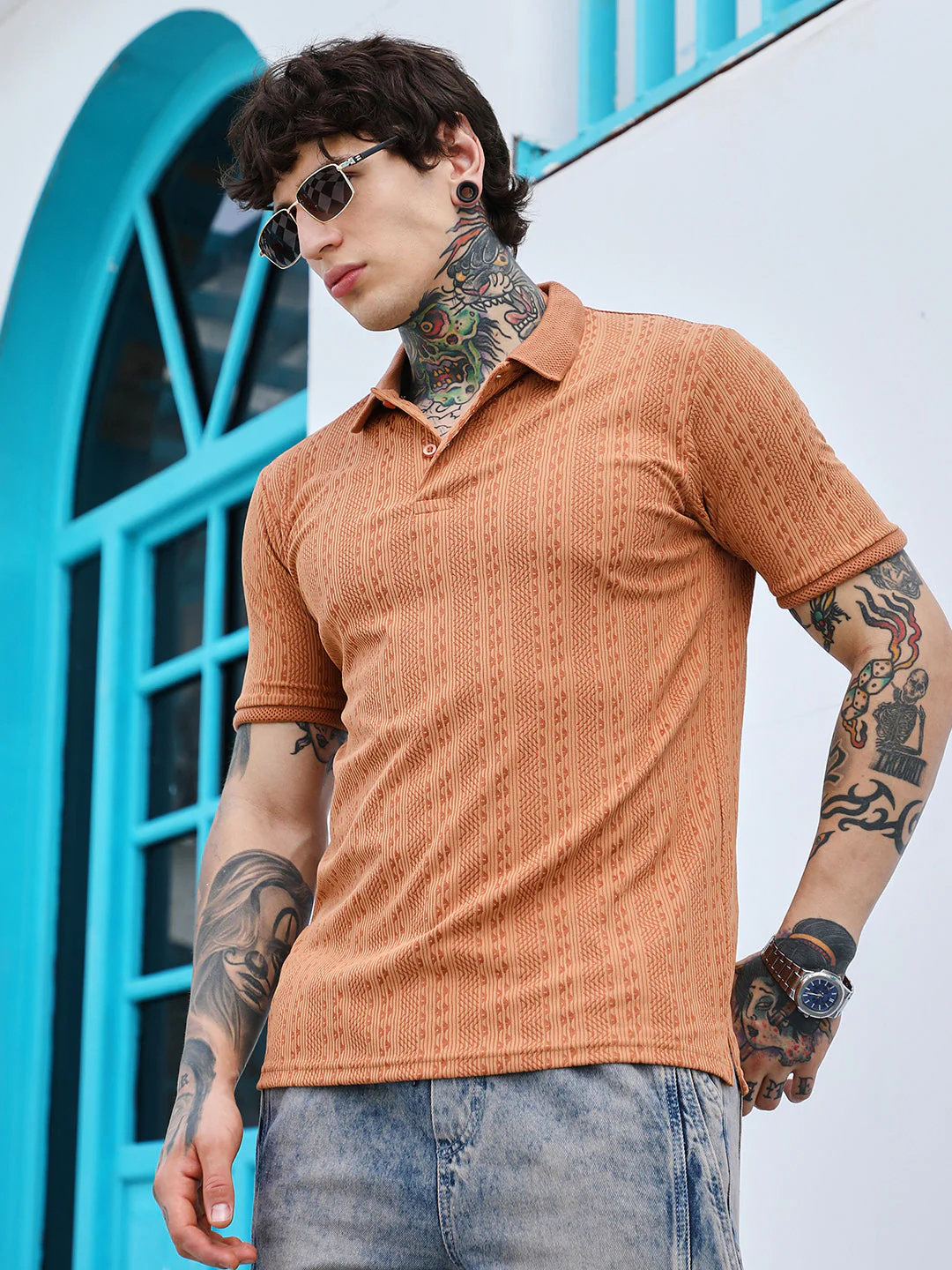 Geometric-Folk Knitted Polo T-Shirt