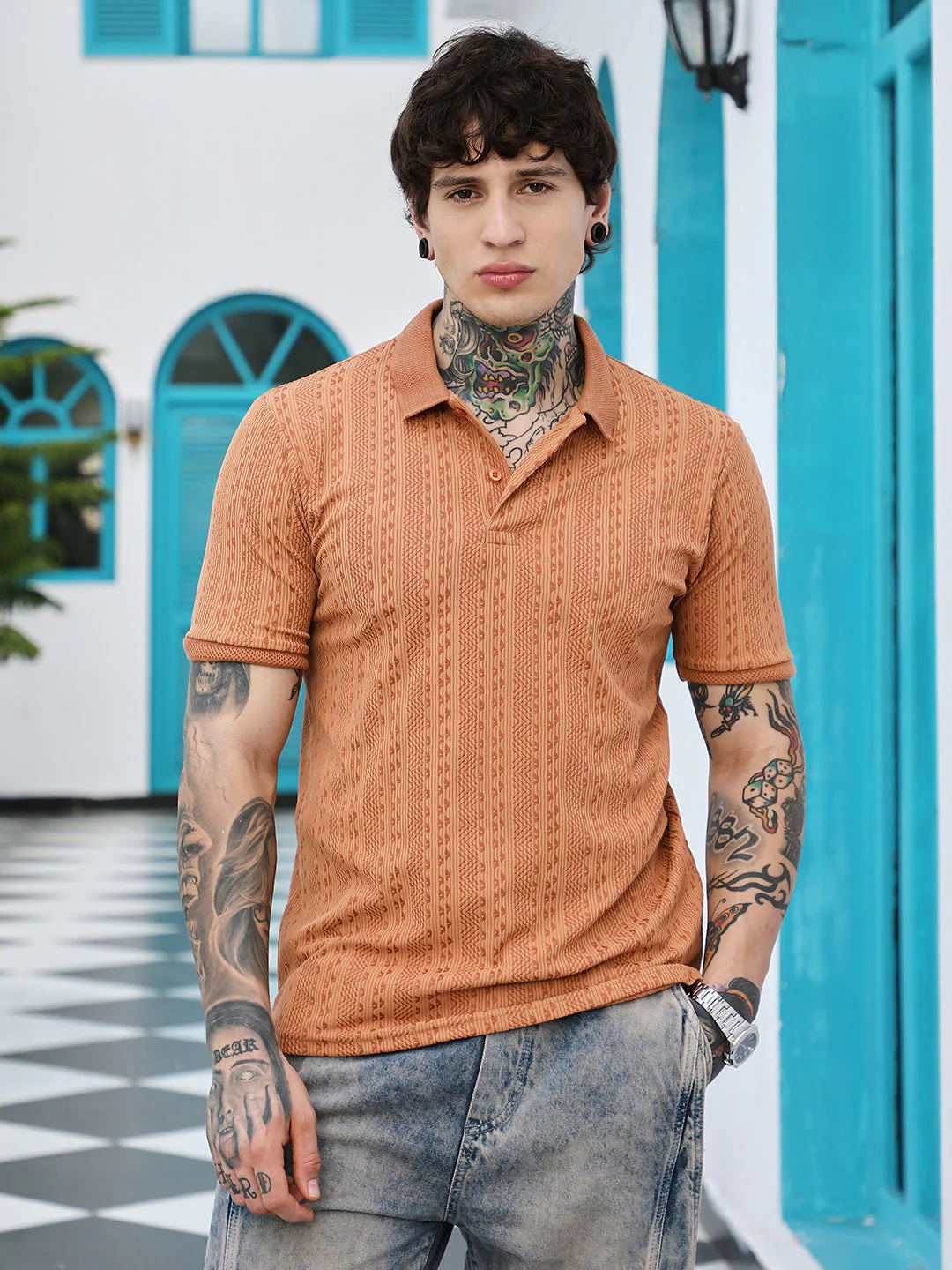 Geometric-Folk Knitted Polo T-Shirt - Image 2