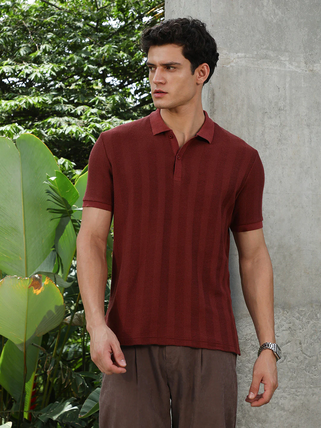 Rust Red Candy Stripe-Knitted Polo T-Shirt - Image 2