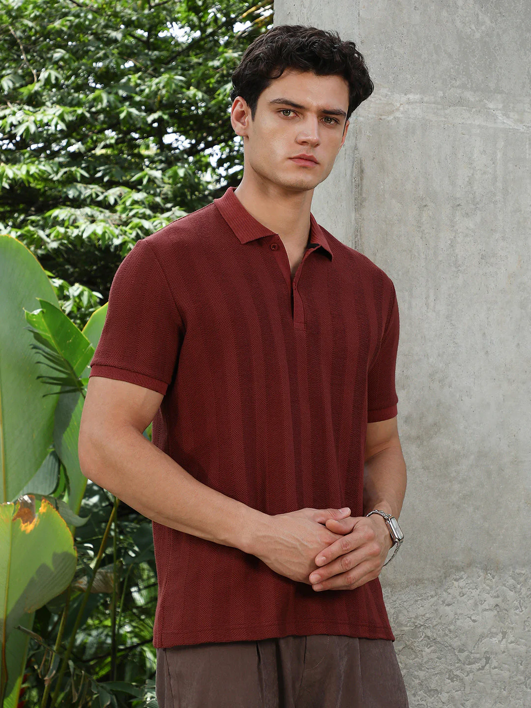 Rust Red Candy Stripe-Knitted Polo T-Shirt - Image 3