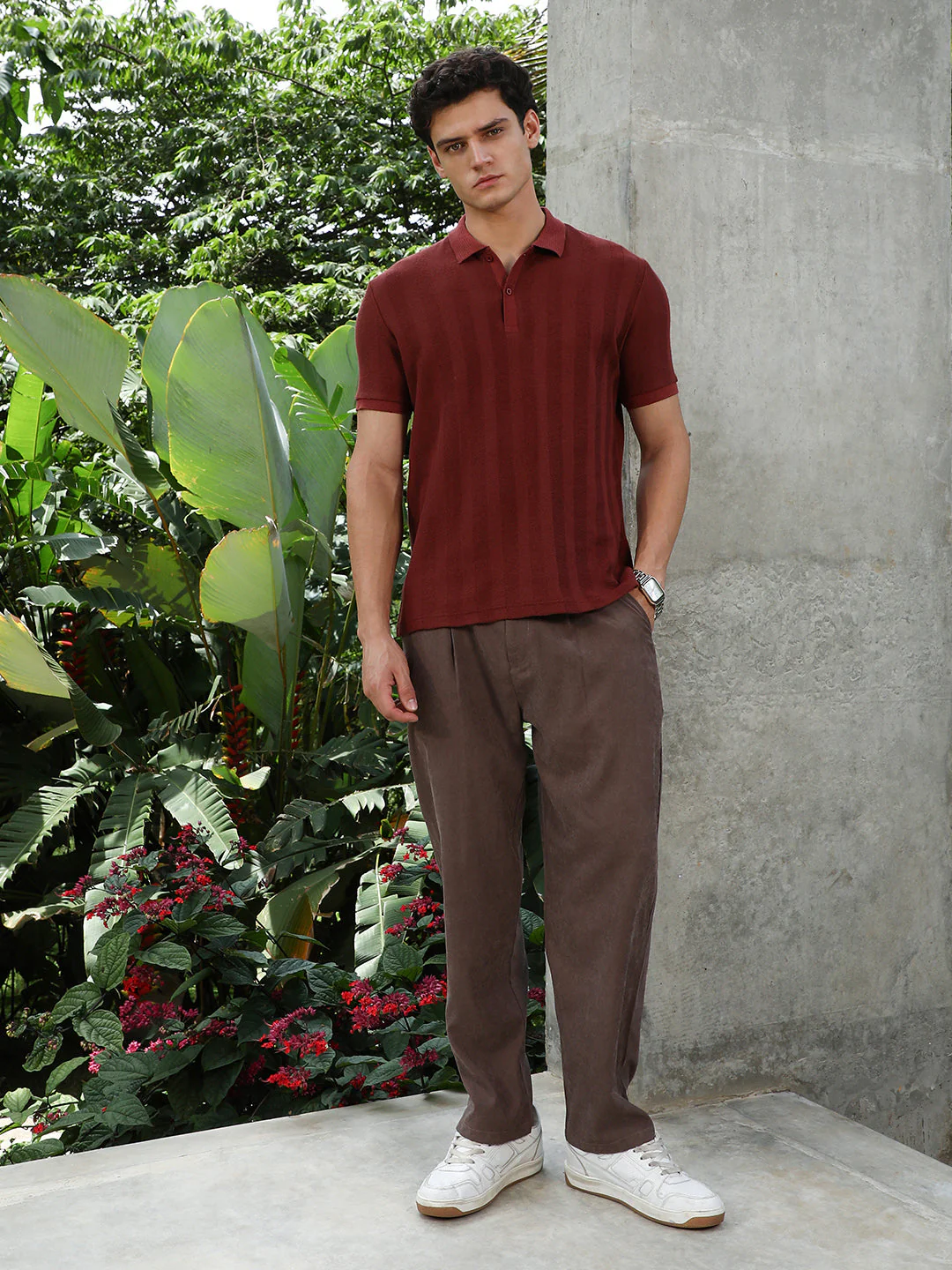 Rust Red Candy Stripe-Knitted Polo T-Shirt - Image 5