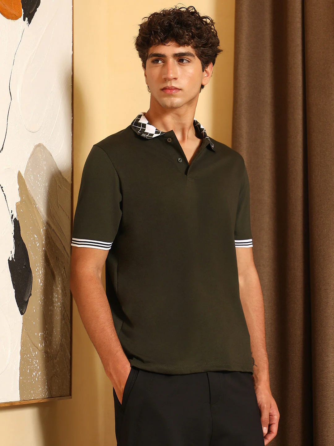 Block Argyle-Knit Polo T-Shirt - Image 3