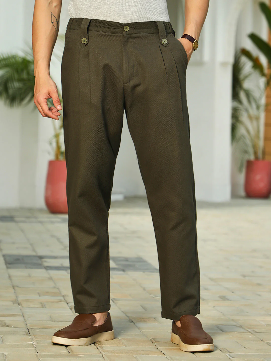 Ribbed-Pleated Chino Trousers - Image 2