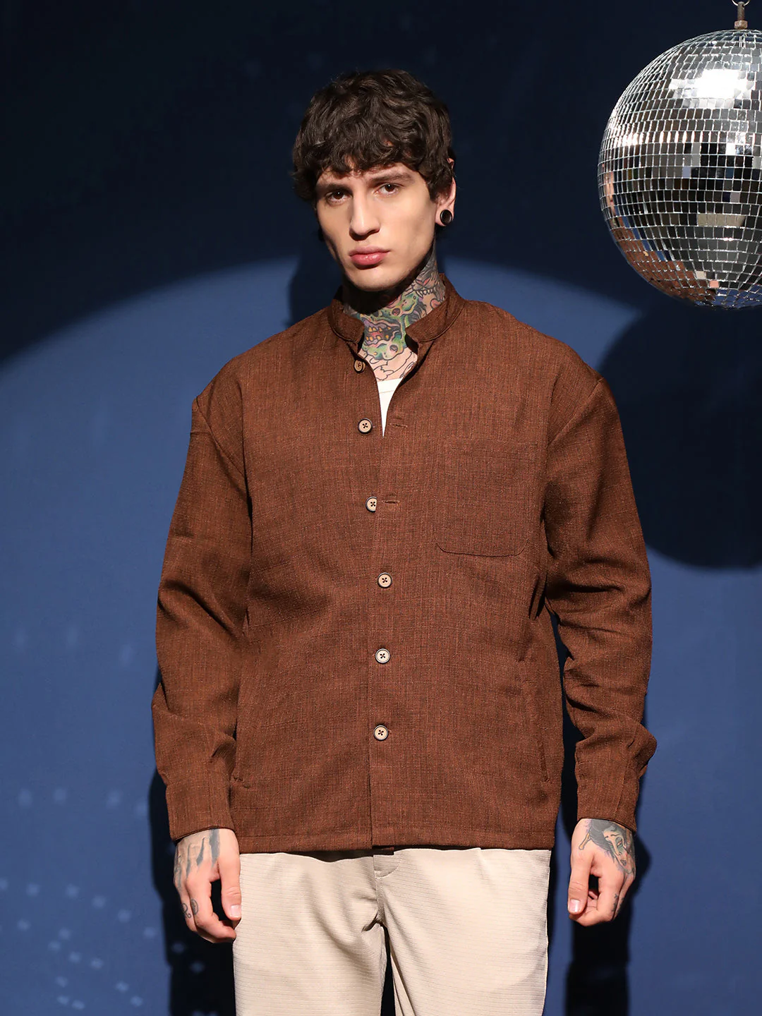 Band-Collar Heathered Shacket - Image 2
