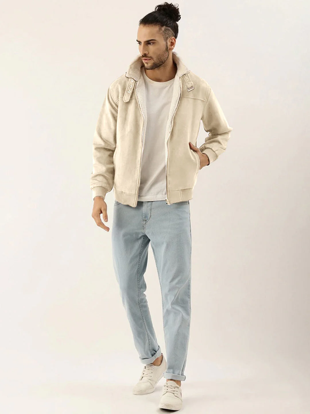 Fur-Lined Suede Bomber Jacket - Image 5