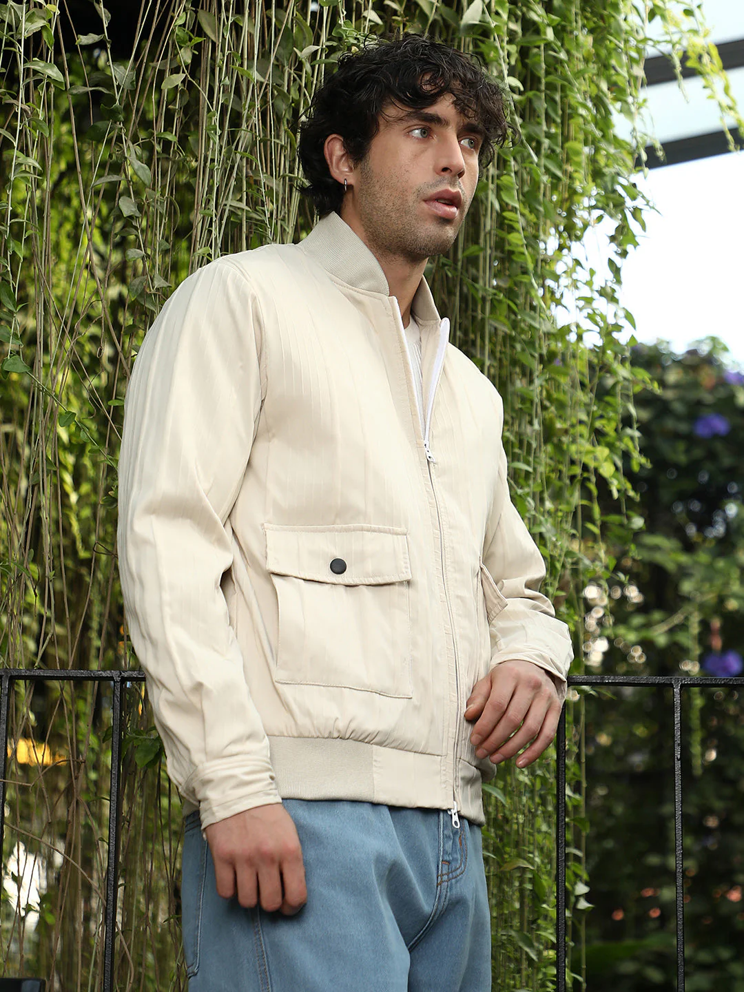 Zip-Front Stripe-Tactile Bomber Jacket - Image 3