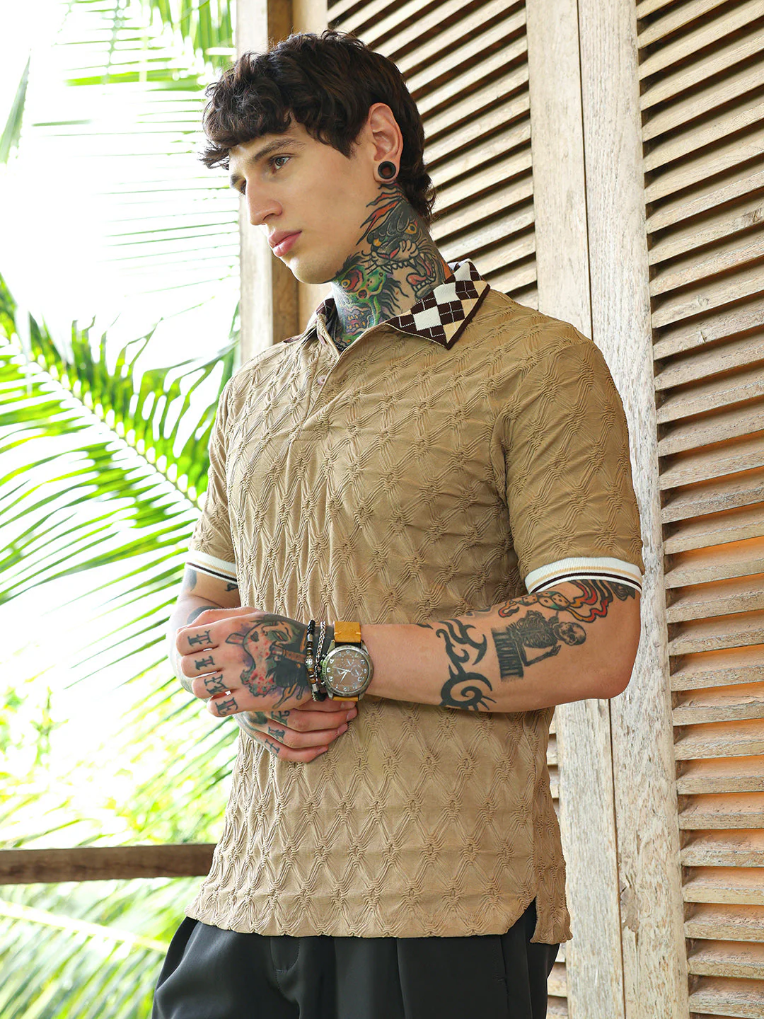 Block Argyle-Knit Polo T-Shirt - Image 3