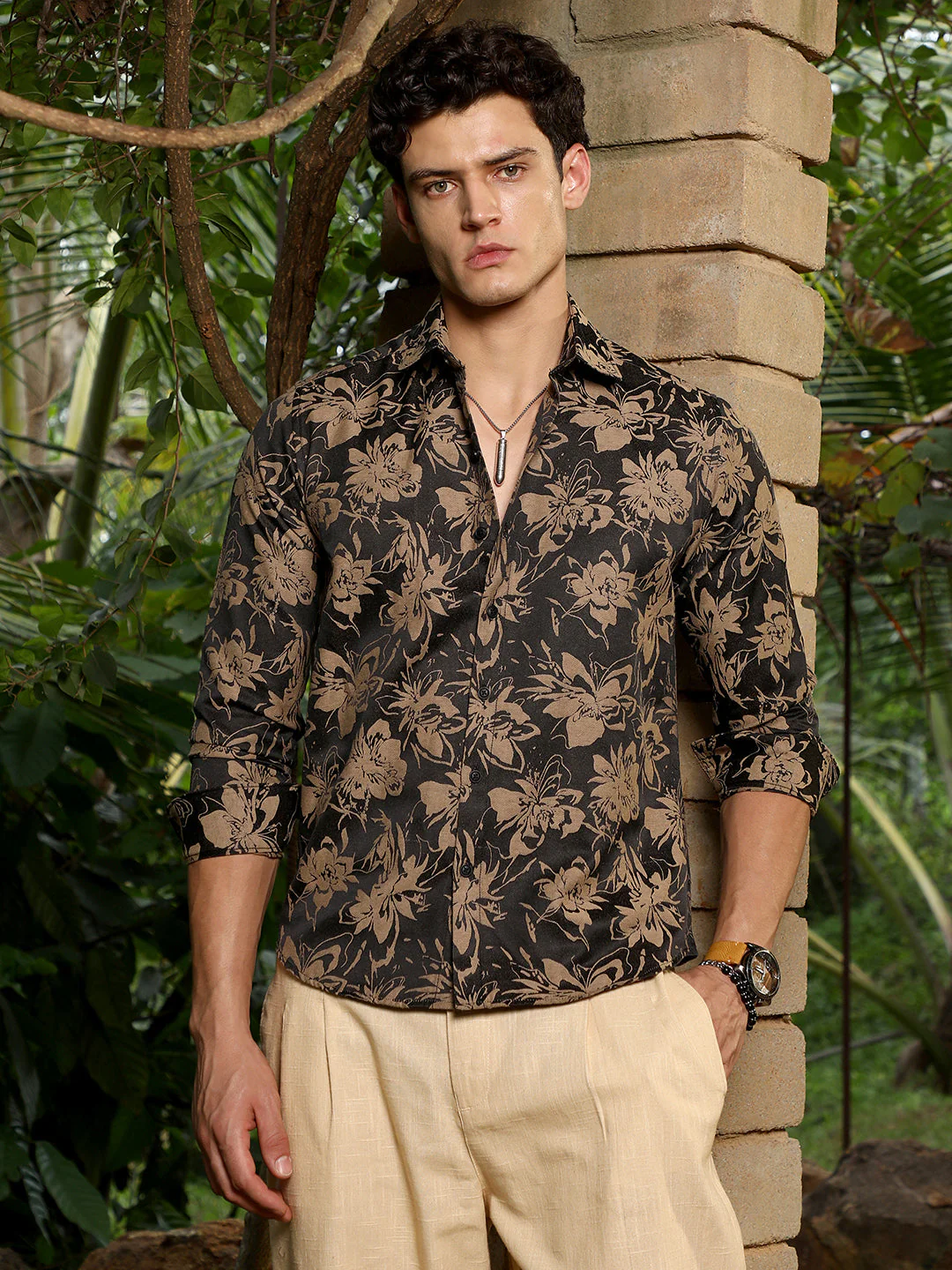 Sand Beige & Midnight Black Contrast-Flora Jacquard Shirt - Image 2