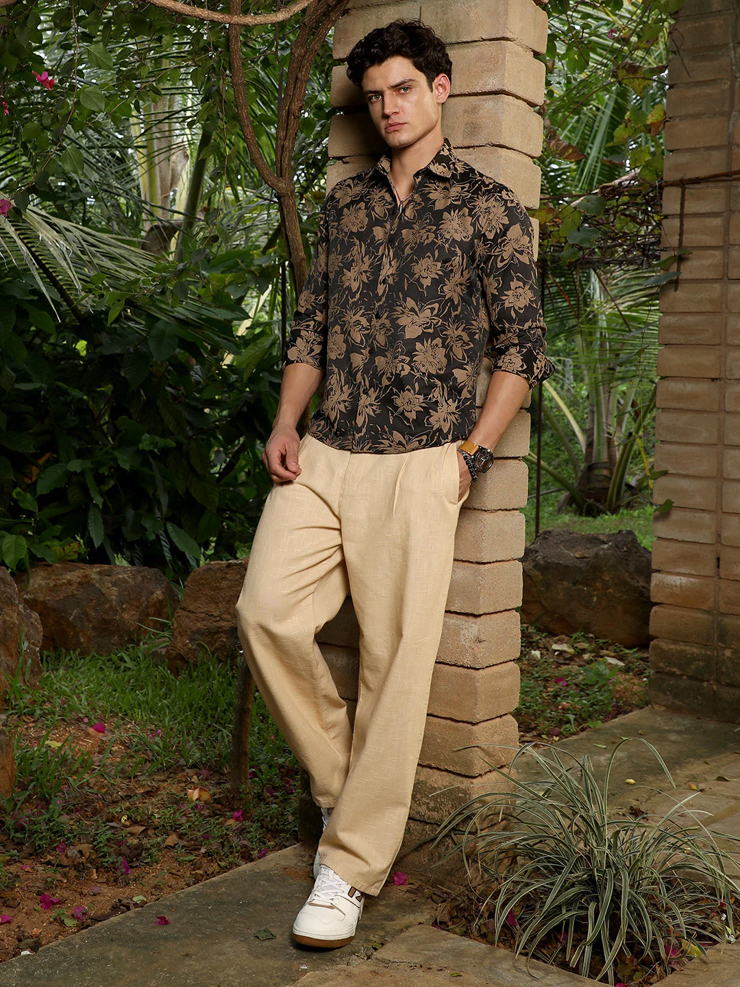 Sand Beige & Midnight Black Contrast-Flora Jacquard Shirt - Image 5