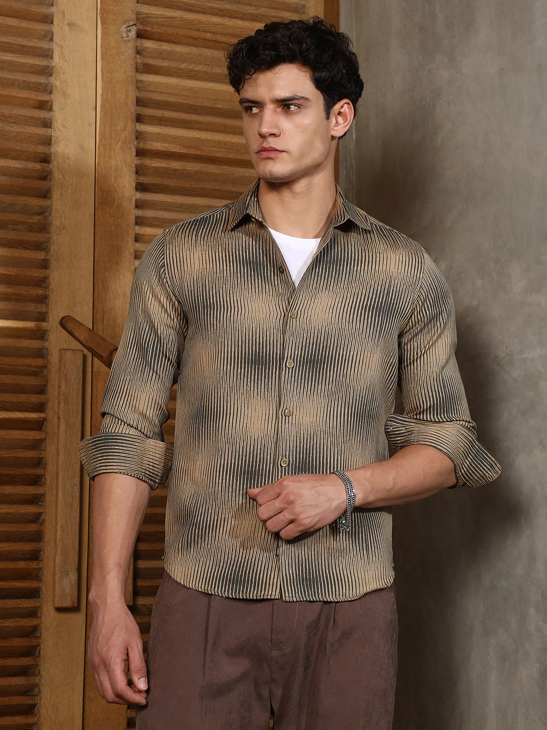 Sand Beige & Midnight Black Gradient-Rhombus Jacquard Shirt - Image 2