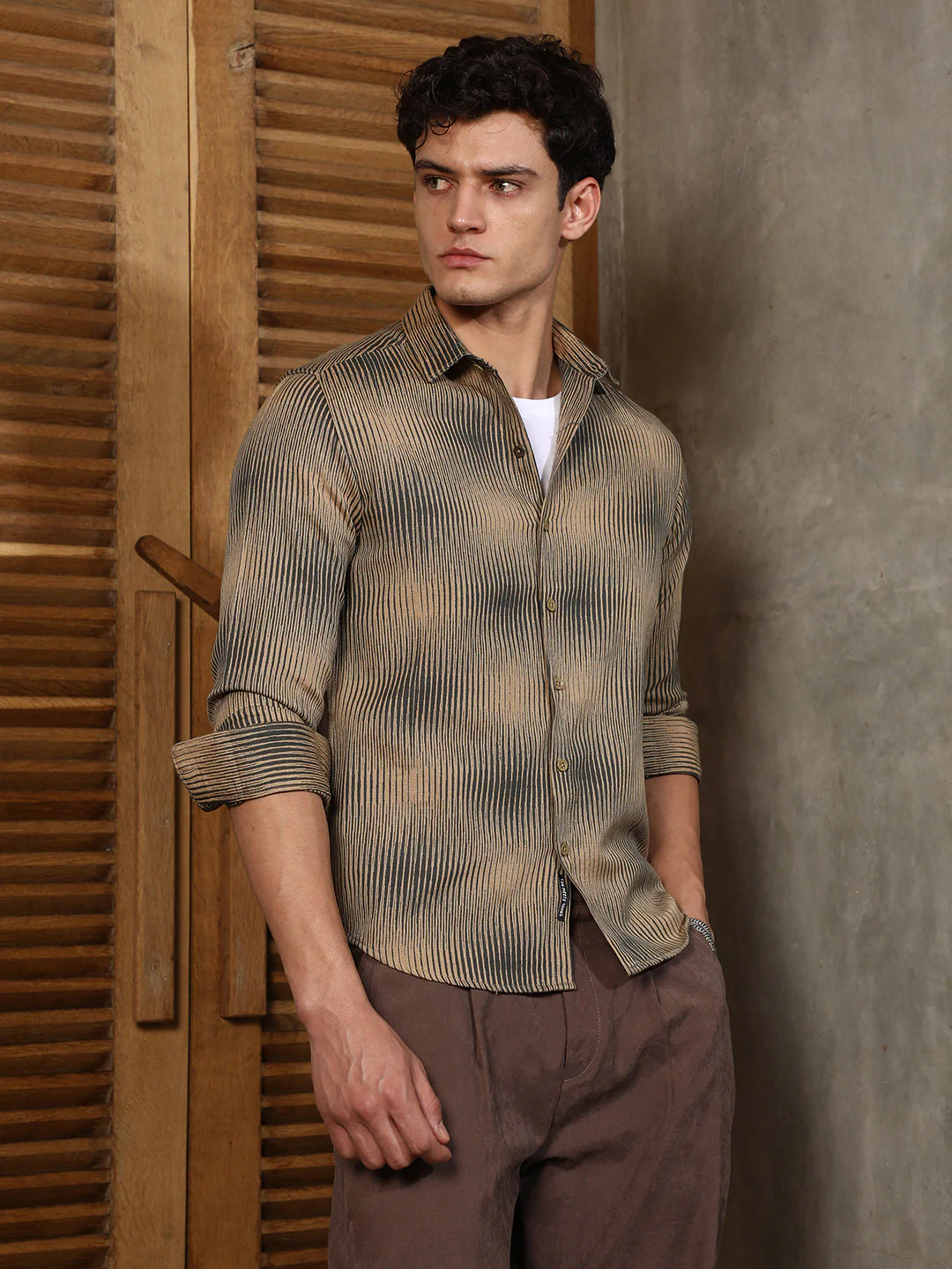 Sand Beige & Midnight Black Gradient-Rhombus Jacquard Shirt - Image 3